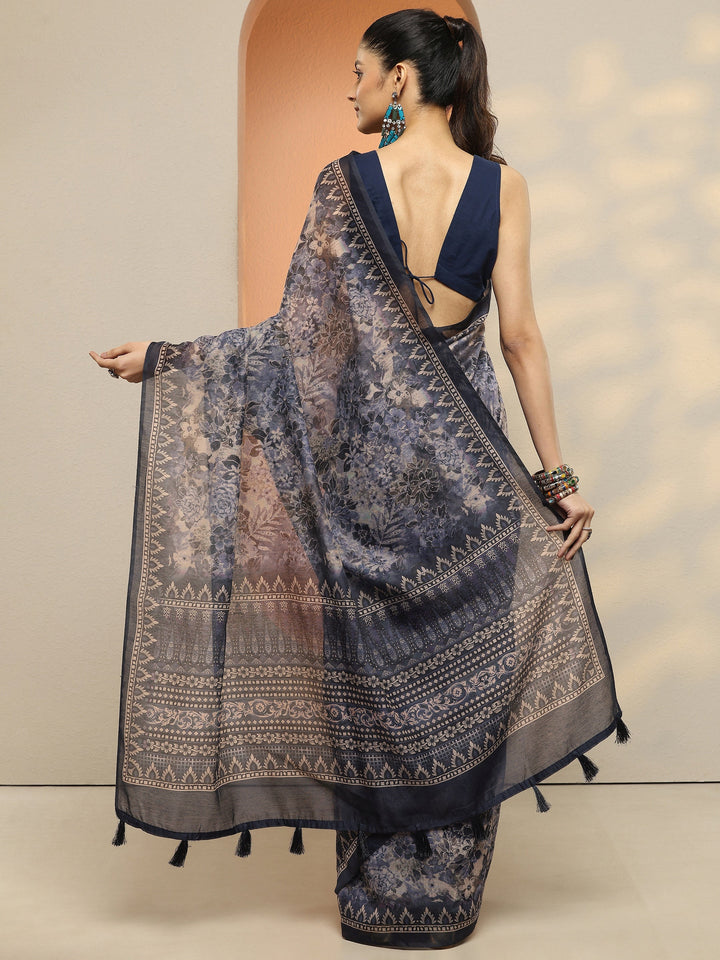 Blue Printed Silk Blend Saree With Unstitched Blouse Piece