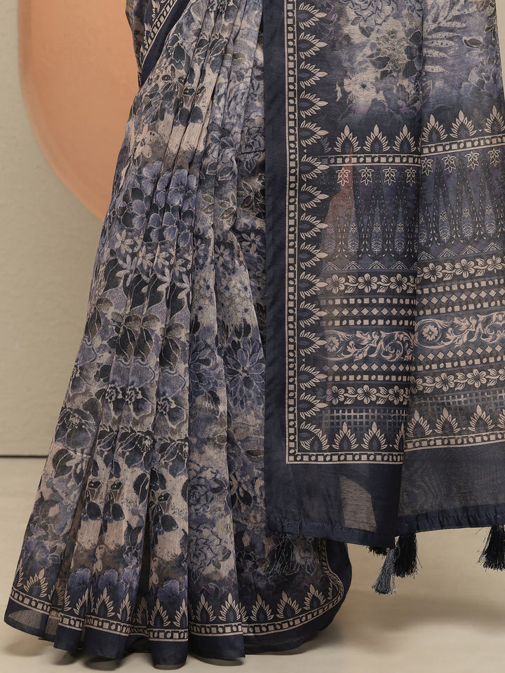 Blue Printed Silk Blend Saree With Unstitched Blouse Piece