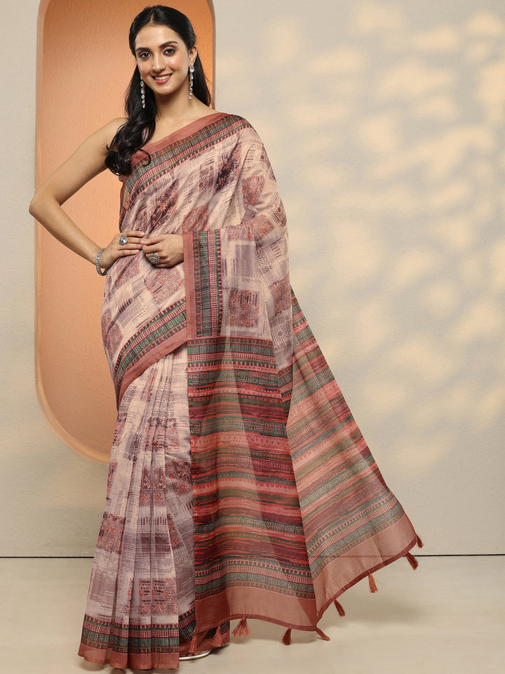 Brown Printed Silk Blend Saree With Unstitched Blouse Piece