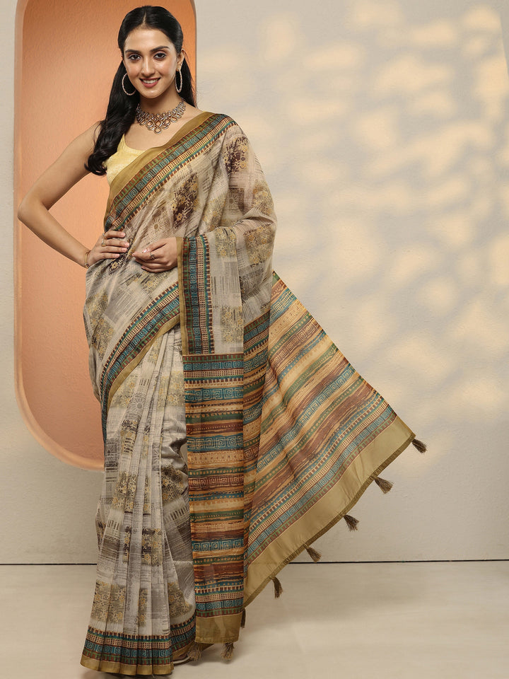 Yellow Printed Silk Blend Saree With Unstitched Blouse Piece