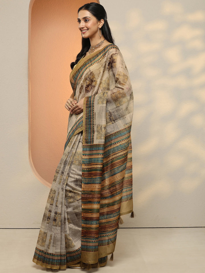 Yellow Printed Silk Blend Saree With Unstitched Blouse Piece