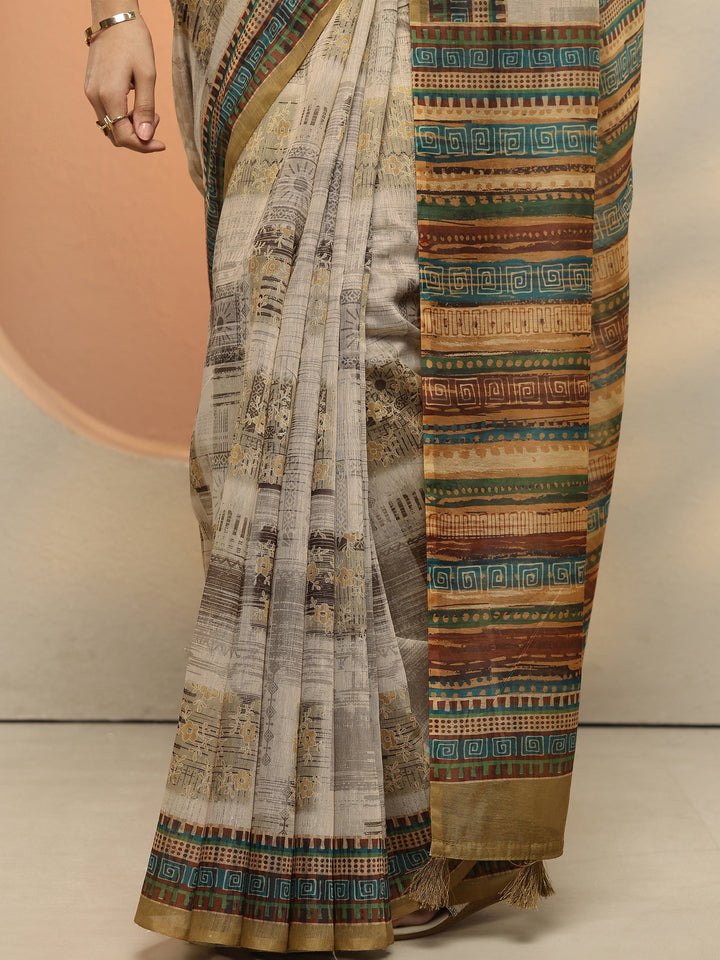 Yellow Printed Silk Blend Saree With Unstitched Blouse Piece