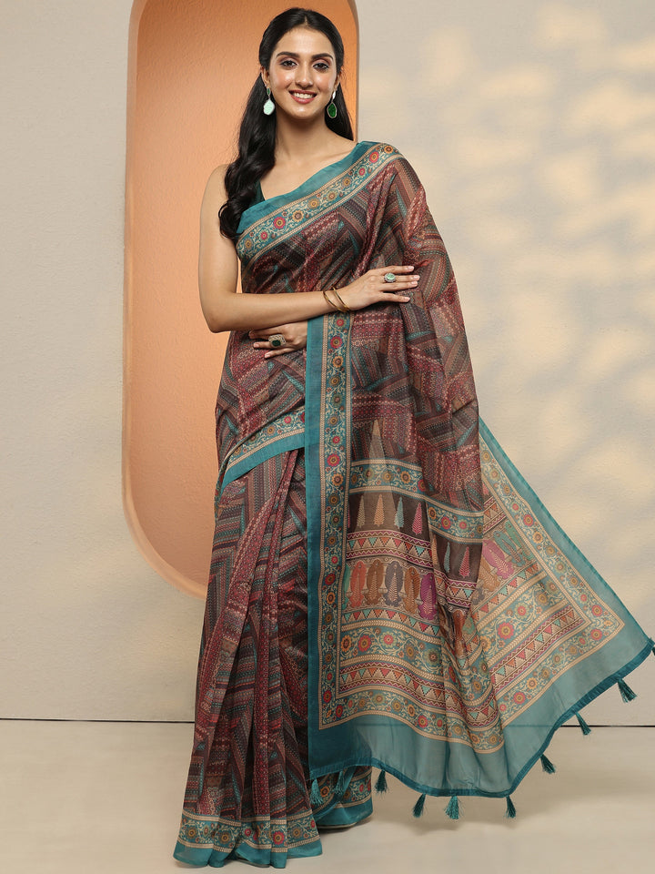 Multi Geometric Printed Silk Blend Saree With Unstitched Blouse Piece
