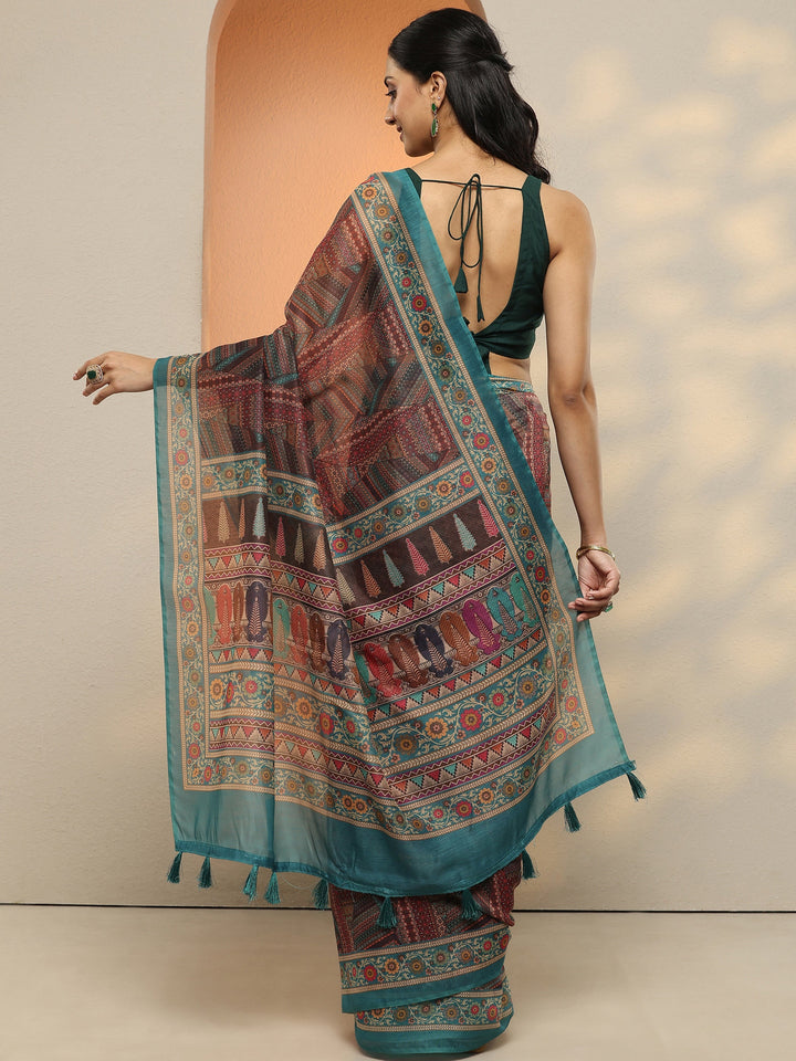 Multi Geometric Printed Silk Blend Saree With Unstitched Blouse Piece