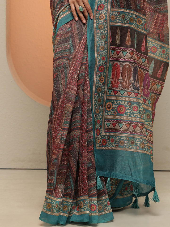Multi Geometric Printed Silk Blend Saree With Unstitched Blouse Piece