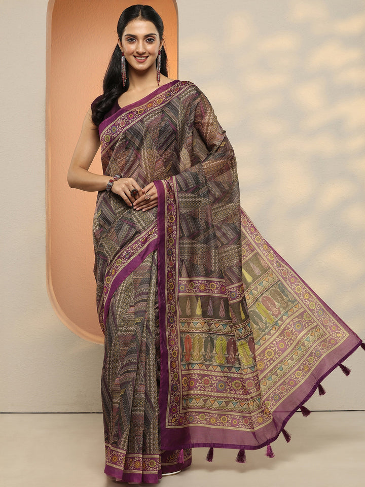 Multi Geometric Printed Silk Blend Saree With Unstitched Blouse Piece