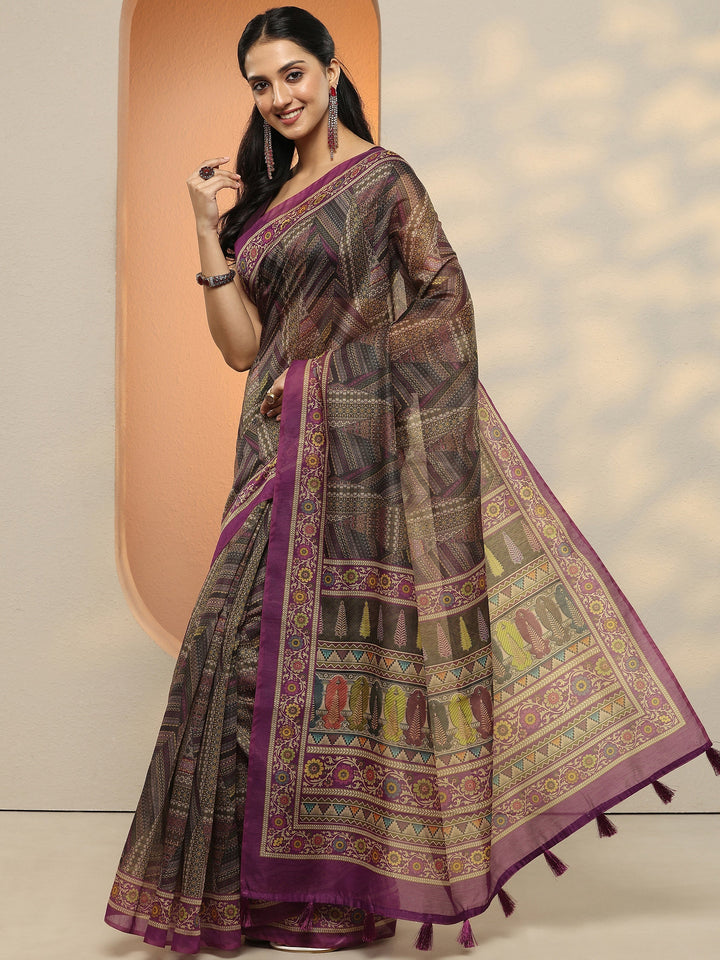 Multi Geometric Printed Silk Blend Saree With Unstitched Blouse Piece