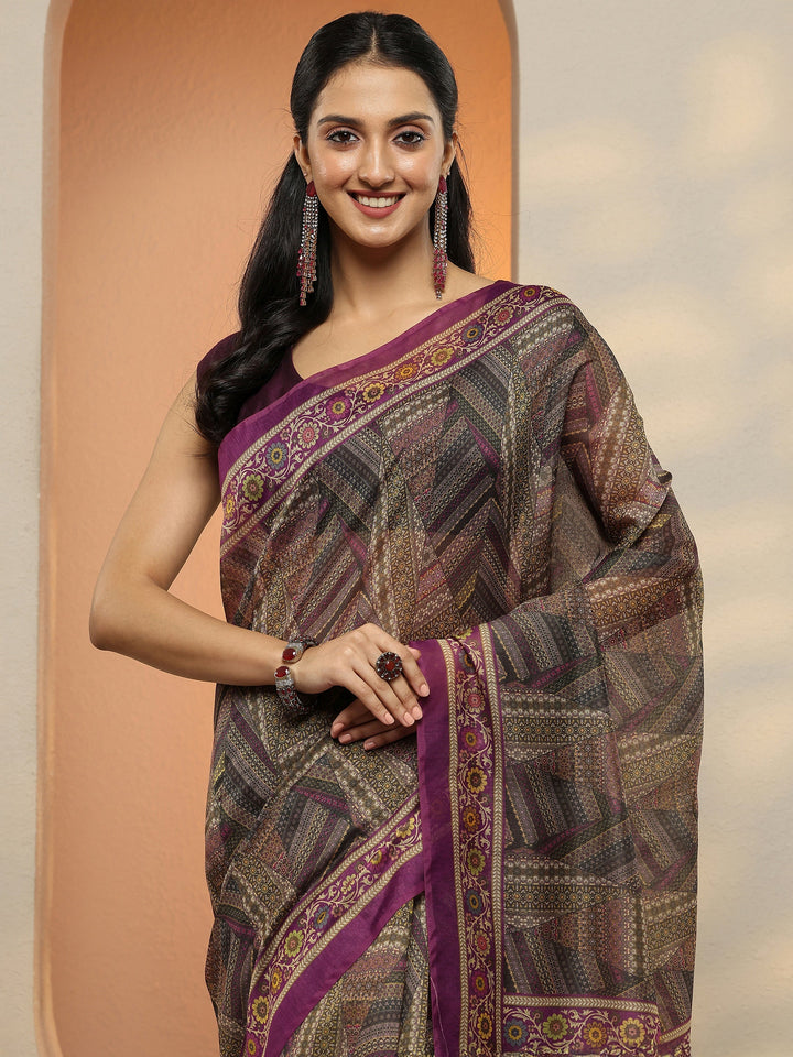Multi Geometric Printed Silk Blend Saree With Unstitched Blouse Piece