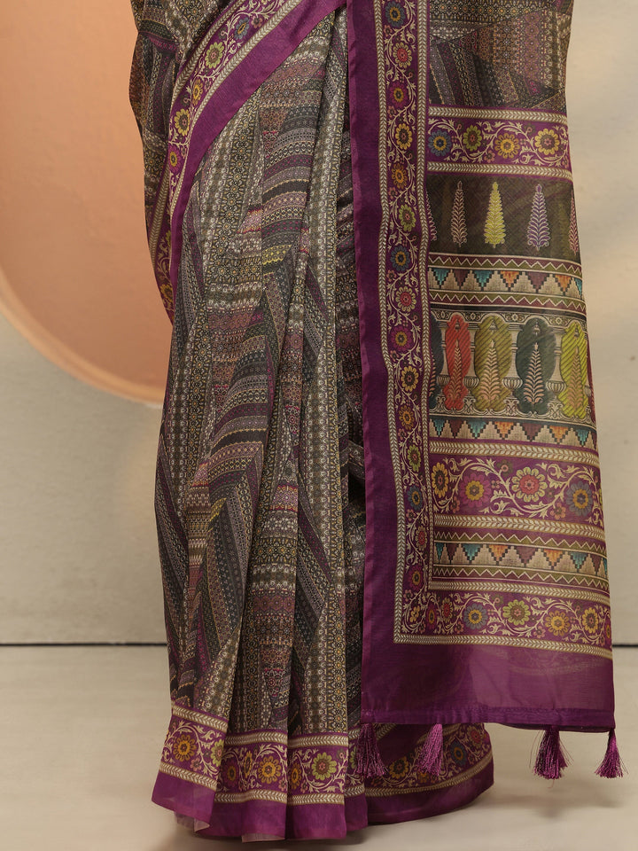 Multi Geometric Printed Silk Blend Saree With Unstitched Blouse Piece