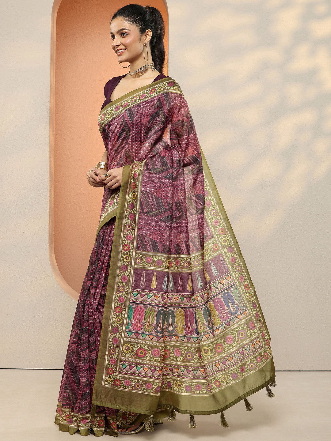 Purple Printed Silk Blend Sarees With Unstitched Blouse Piece
