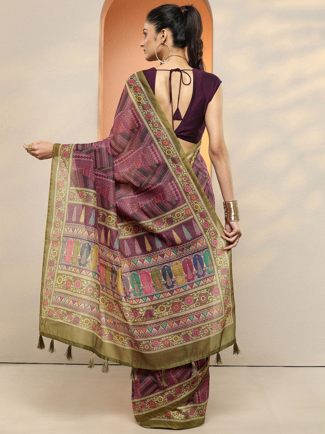 Purple Printed Silk Blend Sarees With Unstitched Blouse Piece