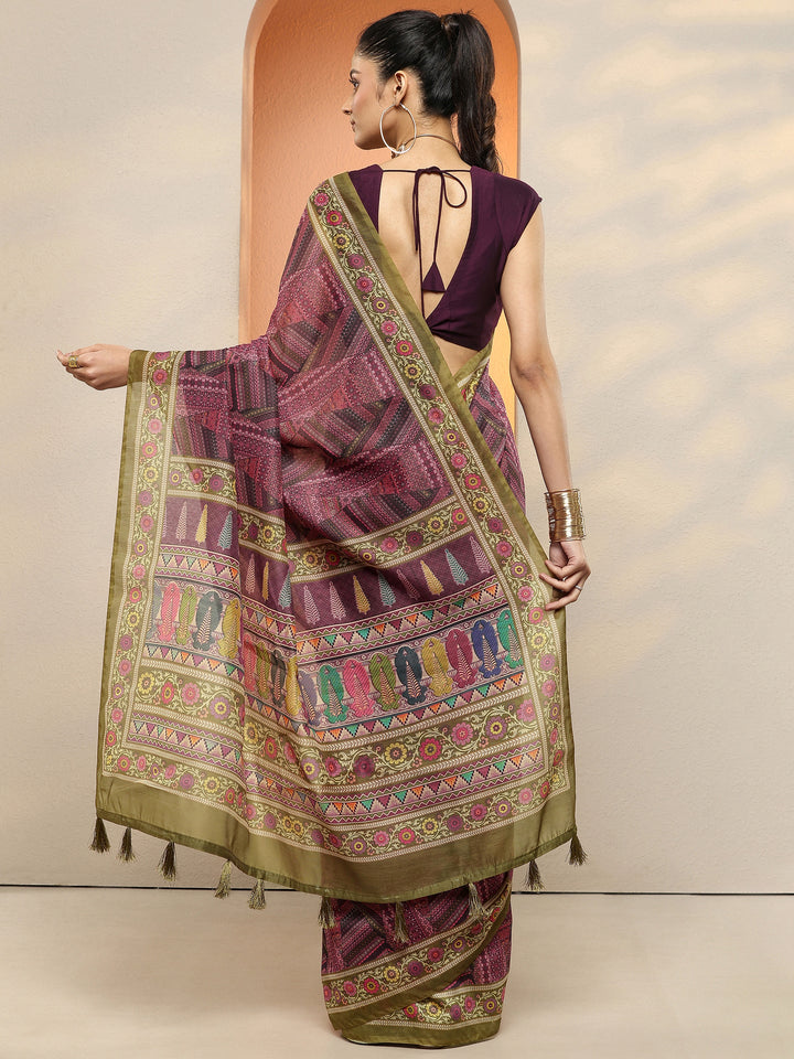 Purple Printed Silk Blend Sarees With Unstitched Blouse Piece