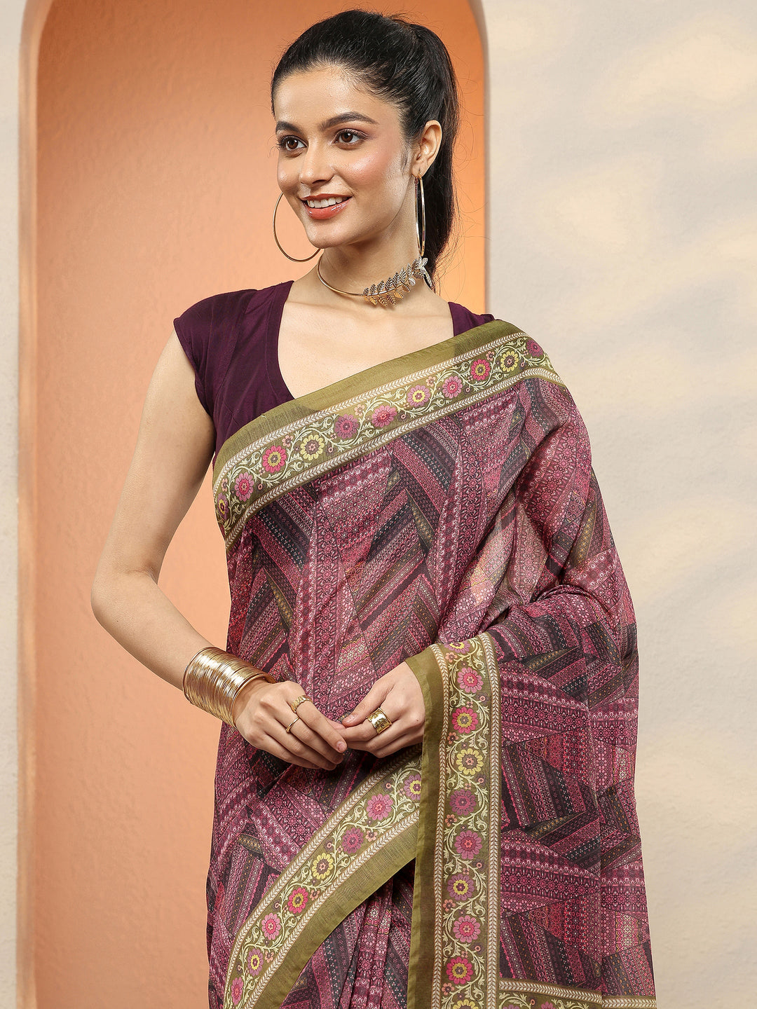 Purple Printed Silk Blend Sarees With Unstitched Blouse Piece