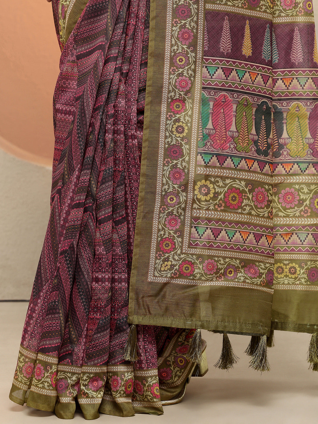 Purple Printed Silk Blend Sarees With Unstitched Blouse Piece