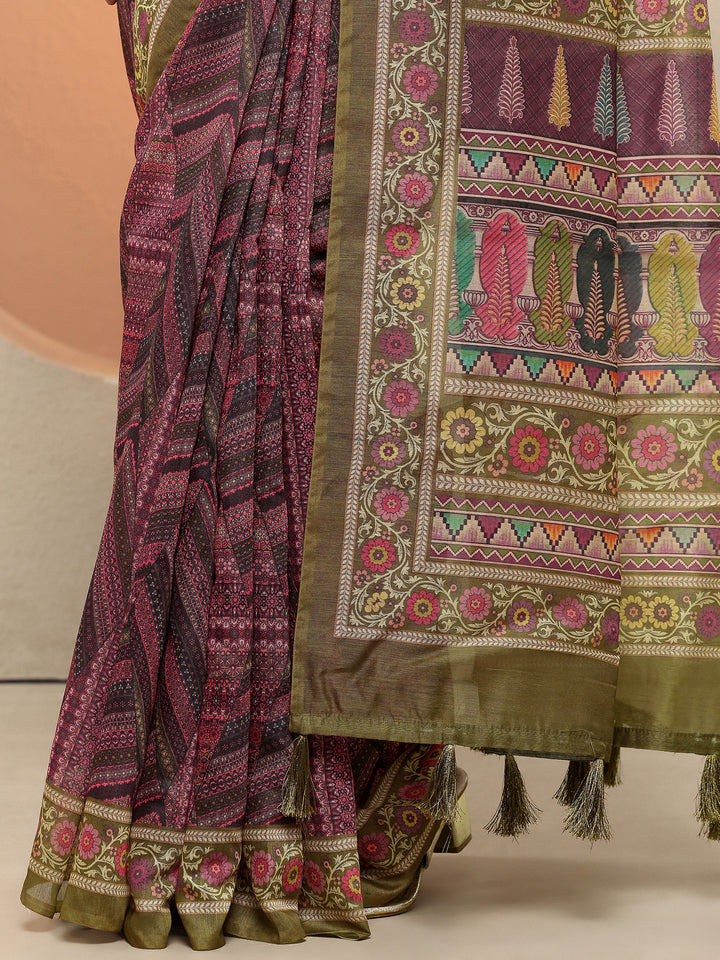 Purple Printed Silk Blend Sarees With Unstitched Blouse Piece