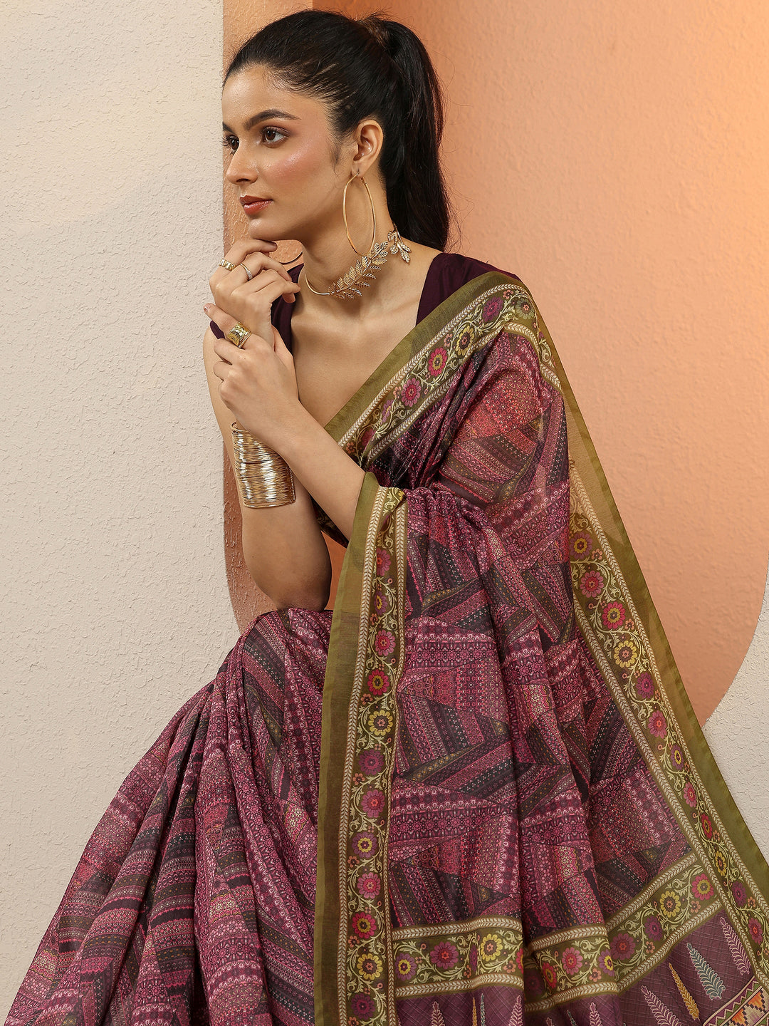 Purple Printed Silk Blend Sarees With Unstitched Blouse Piece