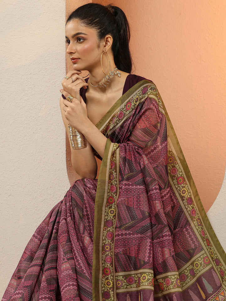 Purple Printed Silk Blend Sarees With Unstitched Blouse Piece