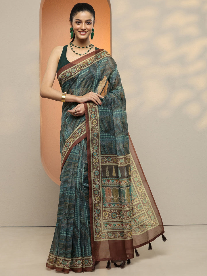 Green Geometric Printed Silk Blend Saree With Unstitched Blouse Piece