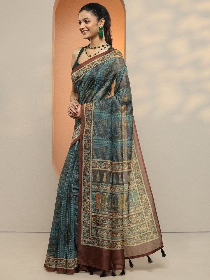 Green Geometric Printed Silk Blend Saree With Unstitched Blouse Piece