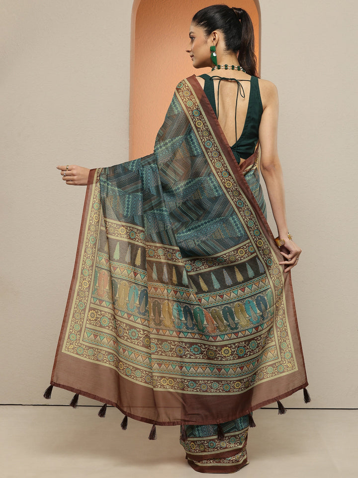 Green Geometric Printed Silk Blend Saree With Unstitched Blouse Piece