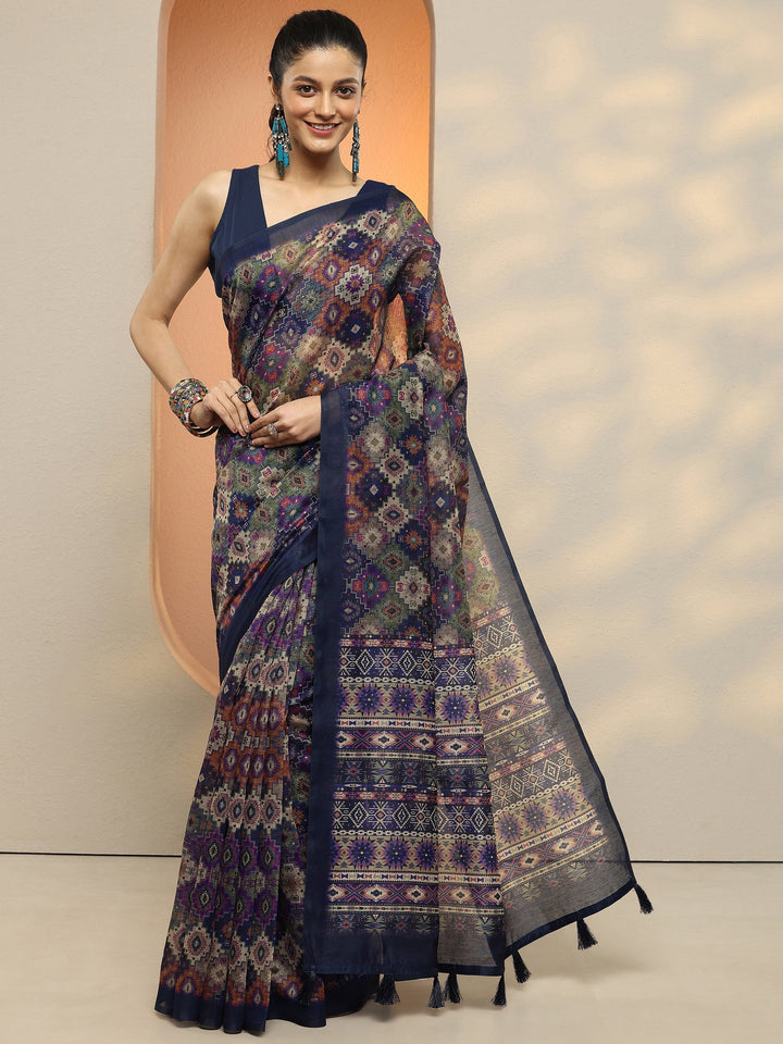 Navy Blue Printed Silk Blend Saree With Unstitched Blouse Piece