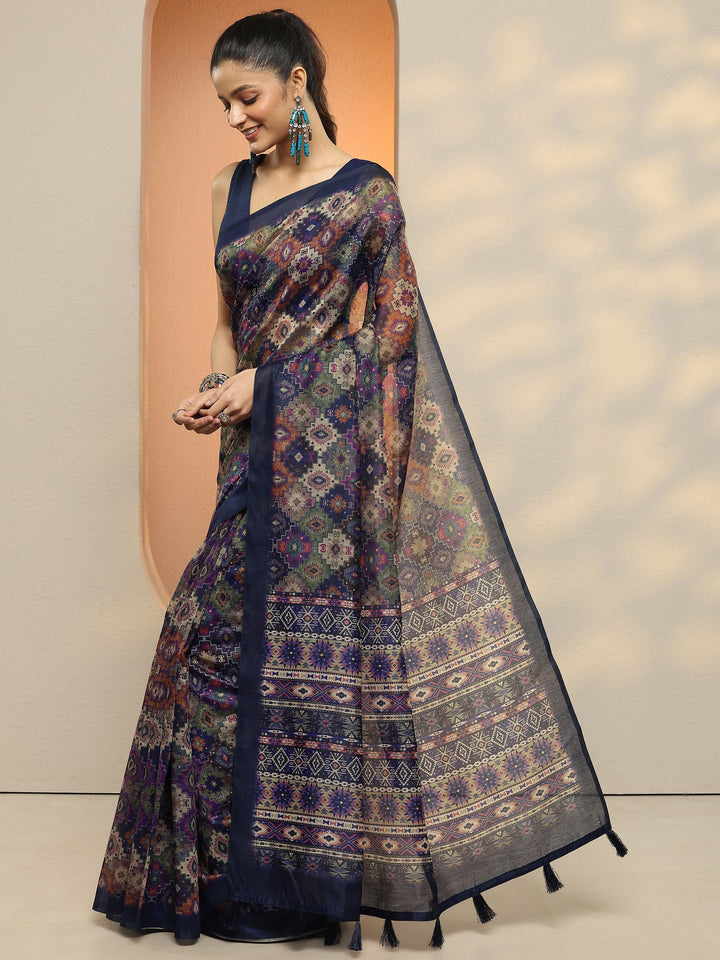 Navy Blue Printed Silk Blend Saree With Unstitched Blouse Piece