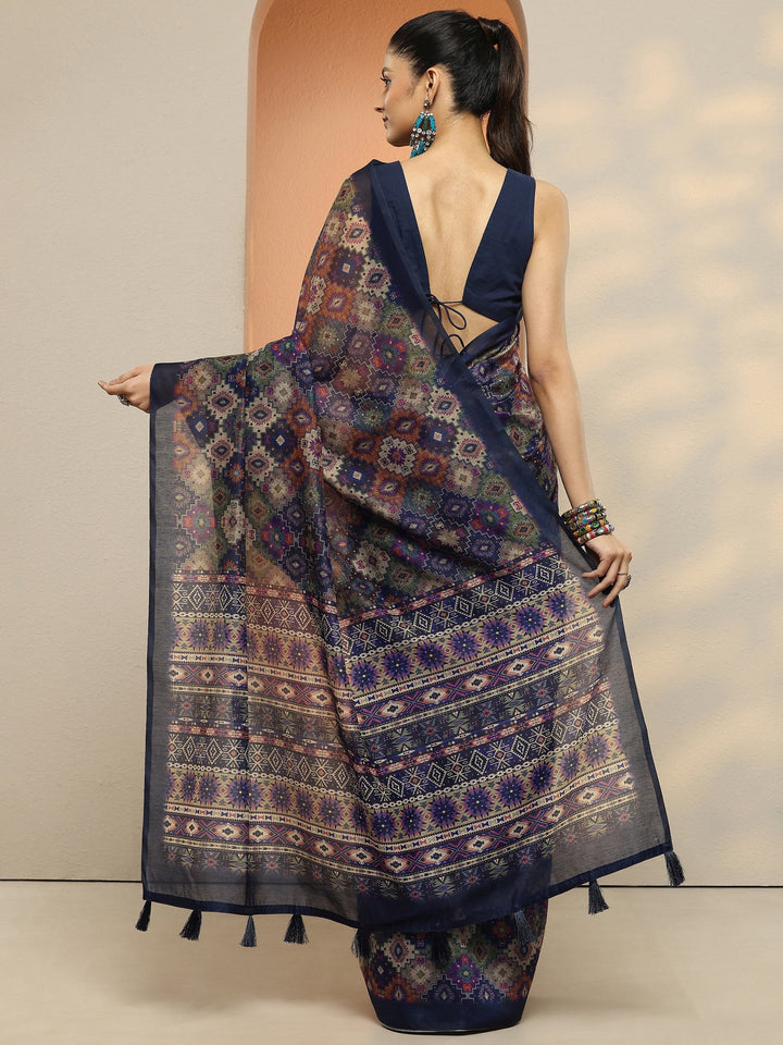Navy Blue Printed Silk Blend Saree With Unstitched Blouse Piece