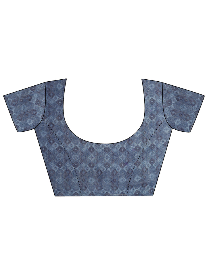 Navy Blue Printed Silk Blend Saree With Unstitched Blouse Piece