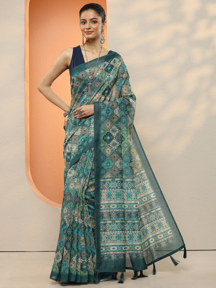 Blue Printed Silk Blend Sarees With Unstitched Blouse Piece