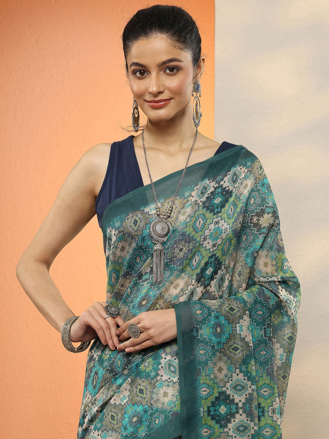 Blue Printed Silk Blend Sarees With Unstitched Blouse Piece