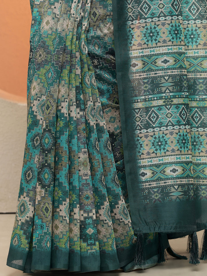 Blue Printed Silk Blend Sarees With Unstitched Blouse Piece