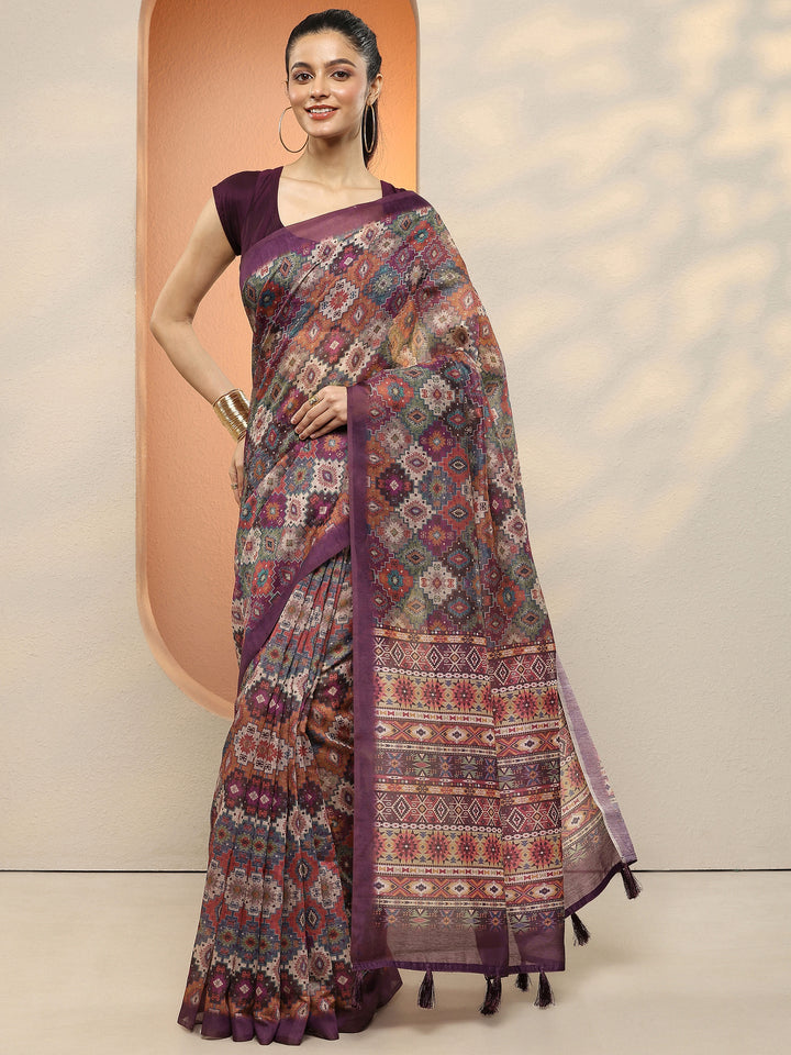 Multi Printed Silk Blend Sarees With Unstitched Blouse Piece
