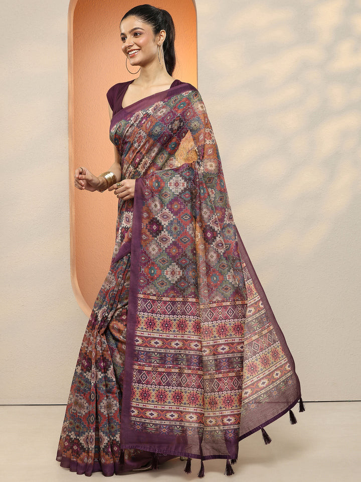 Multi Printed Silk Blend Sarees With Unstitched Blouse Piece