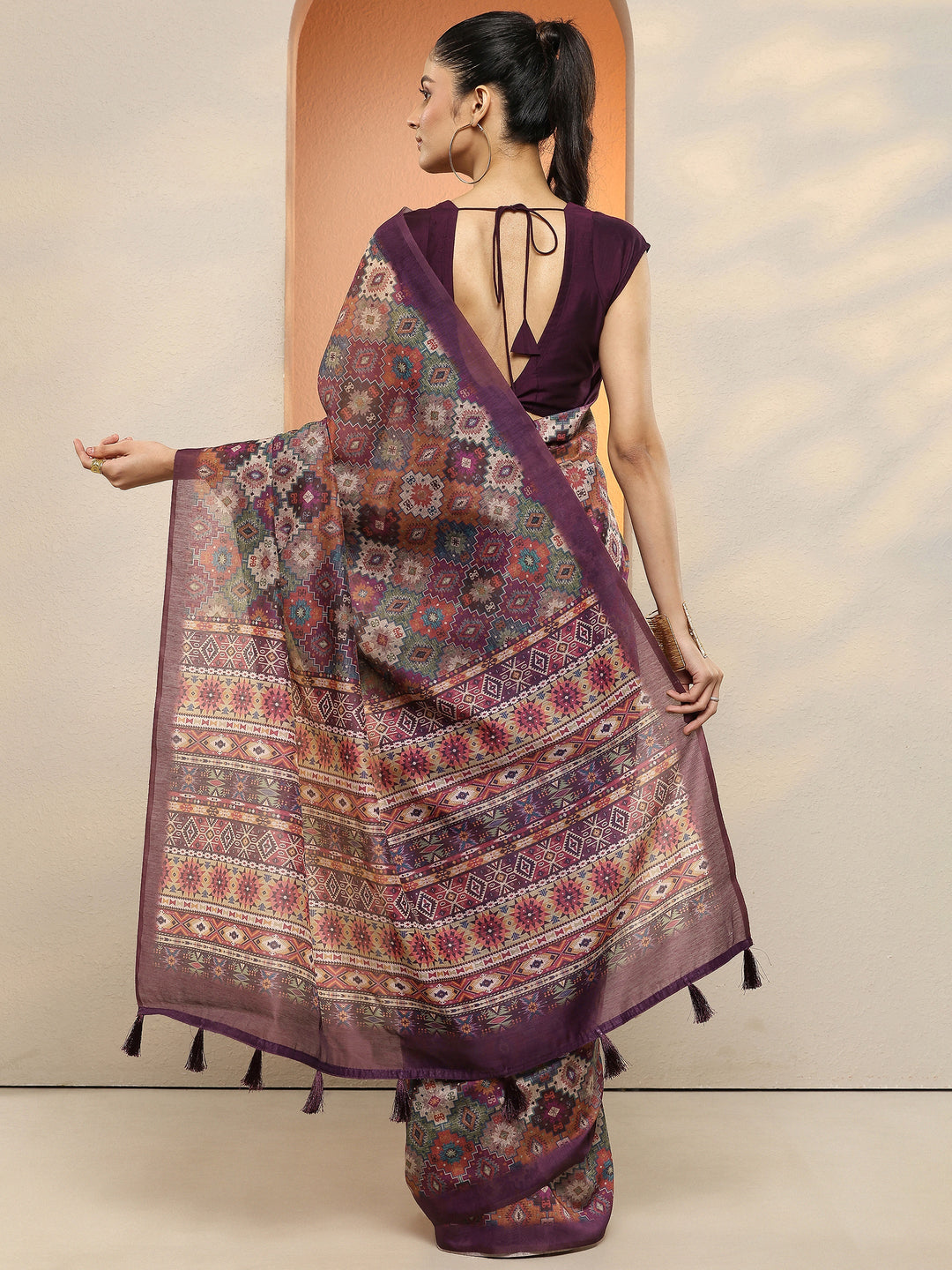 Multi Printed Silk Blend Sarees With Unstitched Blouse Piece