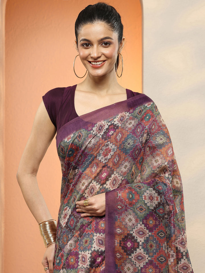 Multi Printed Silk Blend Sarees With Unstitched Blouse Piece