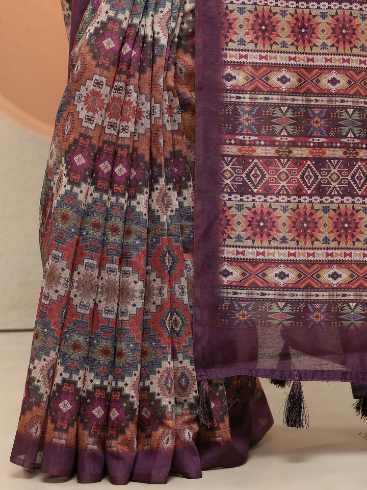 Multi Printed Silk Blend Sarees With Unstitched Blouse Piece