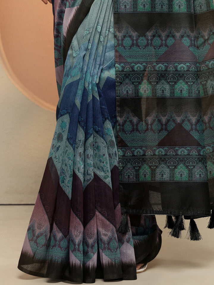 Blue Chevron Printed Silk Blend Saree With Unstitched Blouse Piece