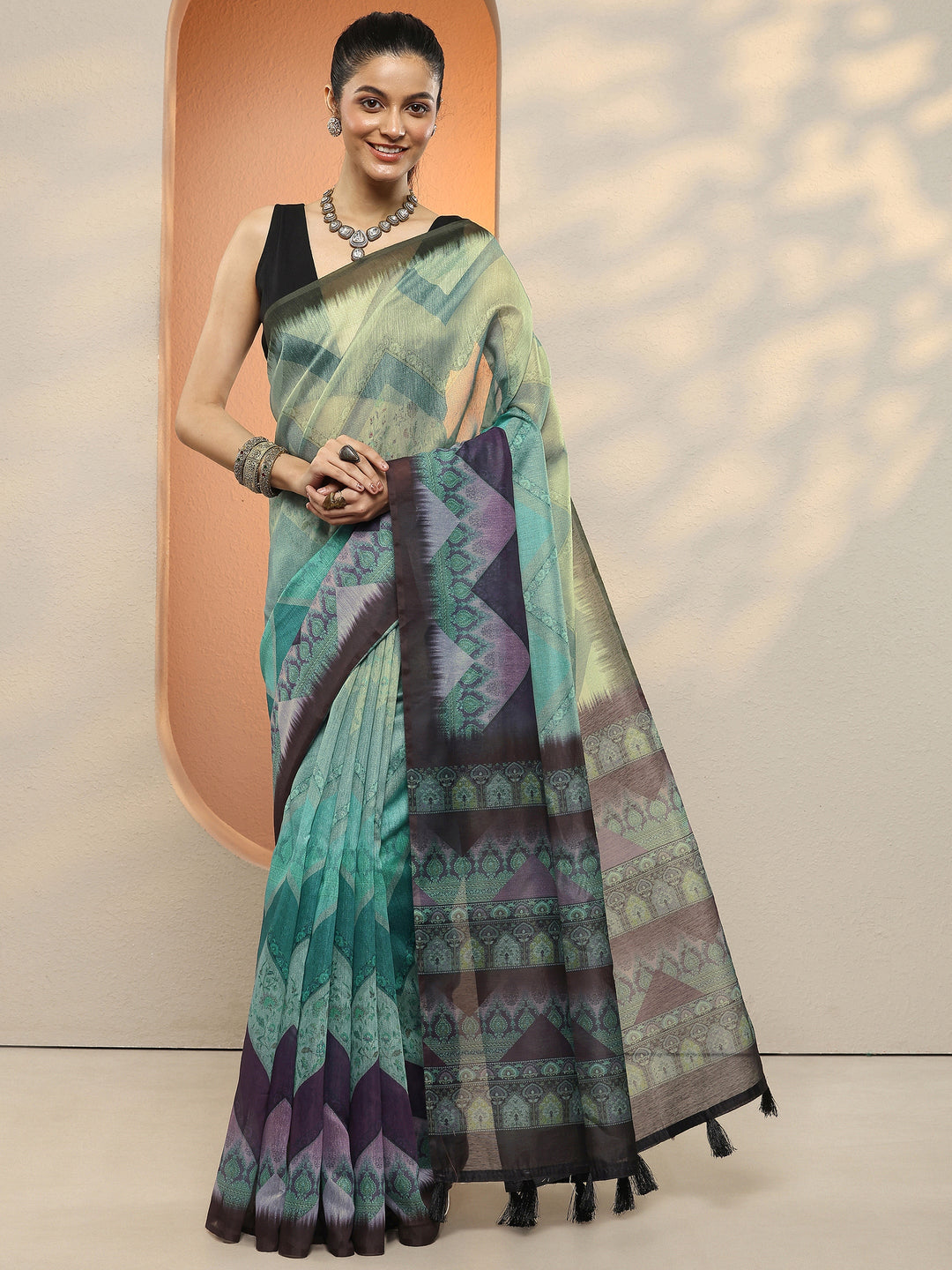 Multi Chevron Printed Sarees With Unstitched Blouse Piece