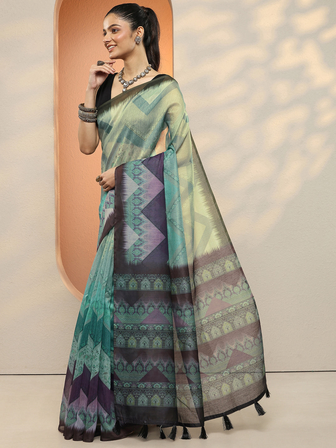 Multi Chevron Printed Sarees With Unstitched Blouse Piece