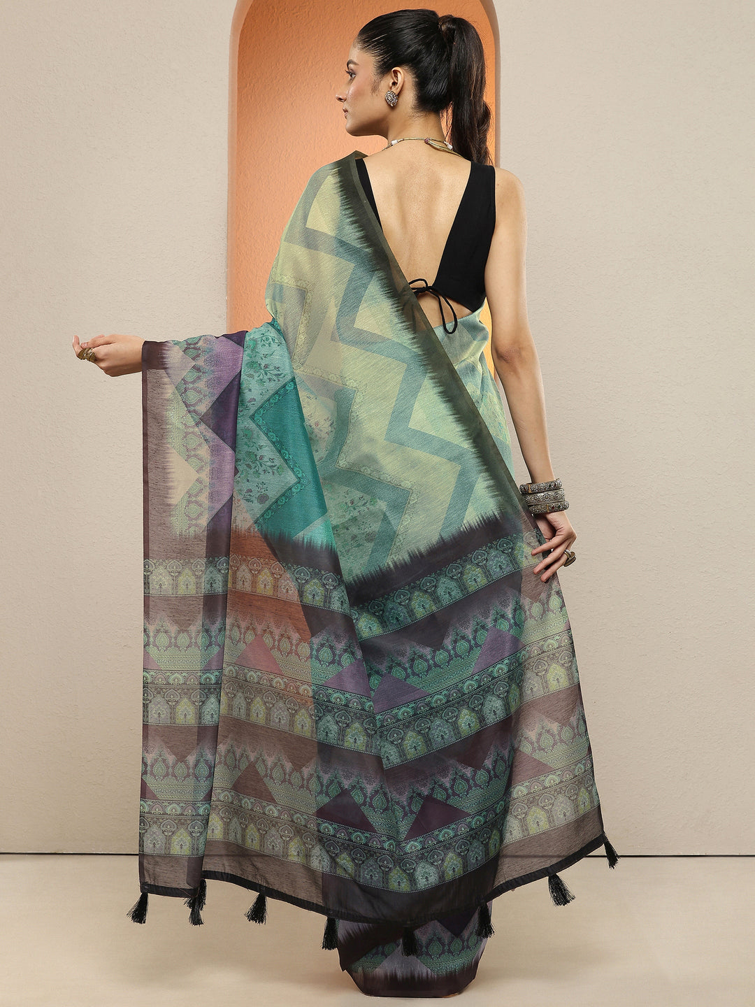 Multi Chevron Printed Sarees With Unstitched Blouse Piece