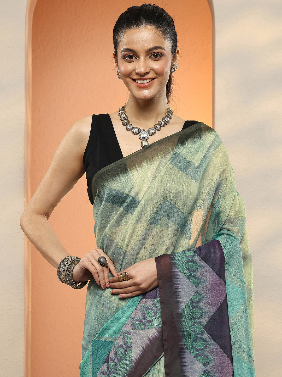 Multi Chevron Printed Sarees With Unstitched Blouse Piece