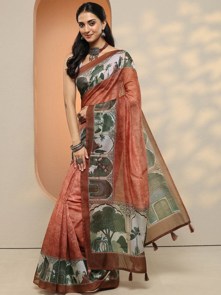 Peach Printed Silk Blend Saree With Unstitched Blouse Piece