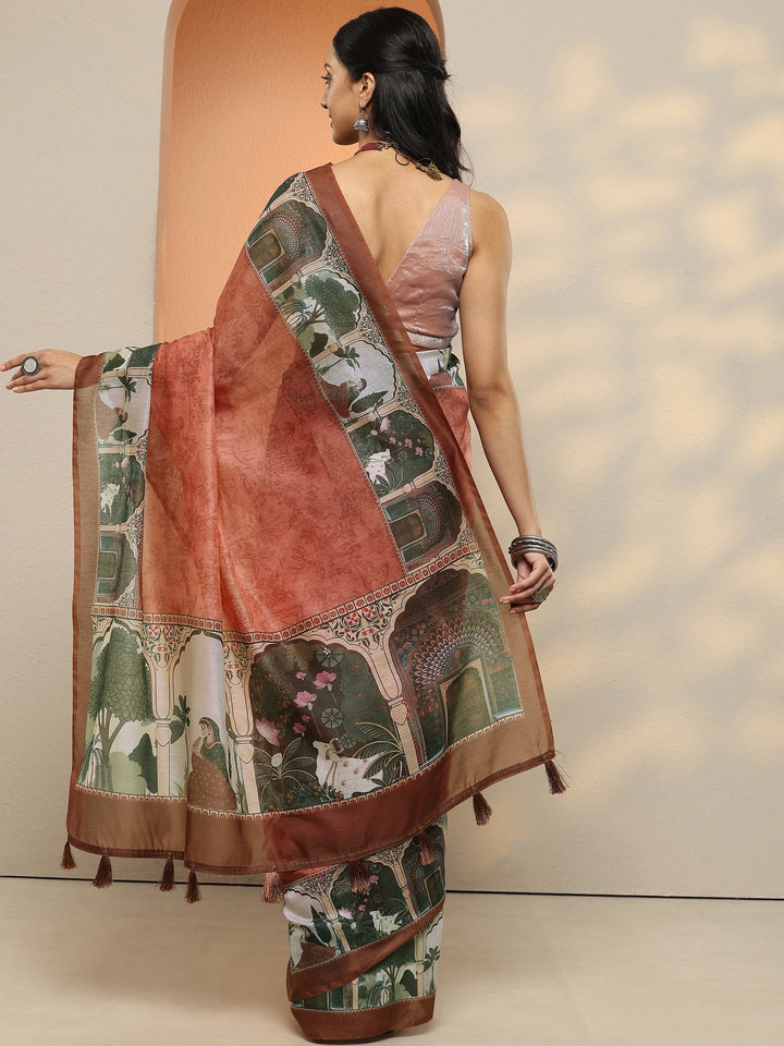 Peach Printed Silk Blend Saree With Unstitched Blouse Piece