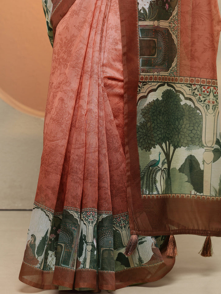 Peach Printed Silk Blend Saree With Unstitched Blouse Piece