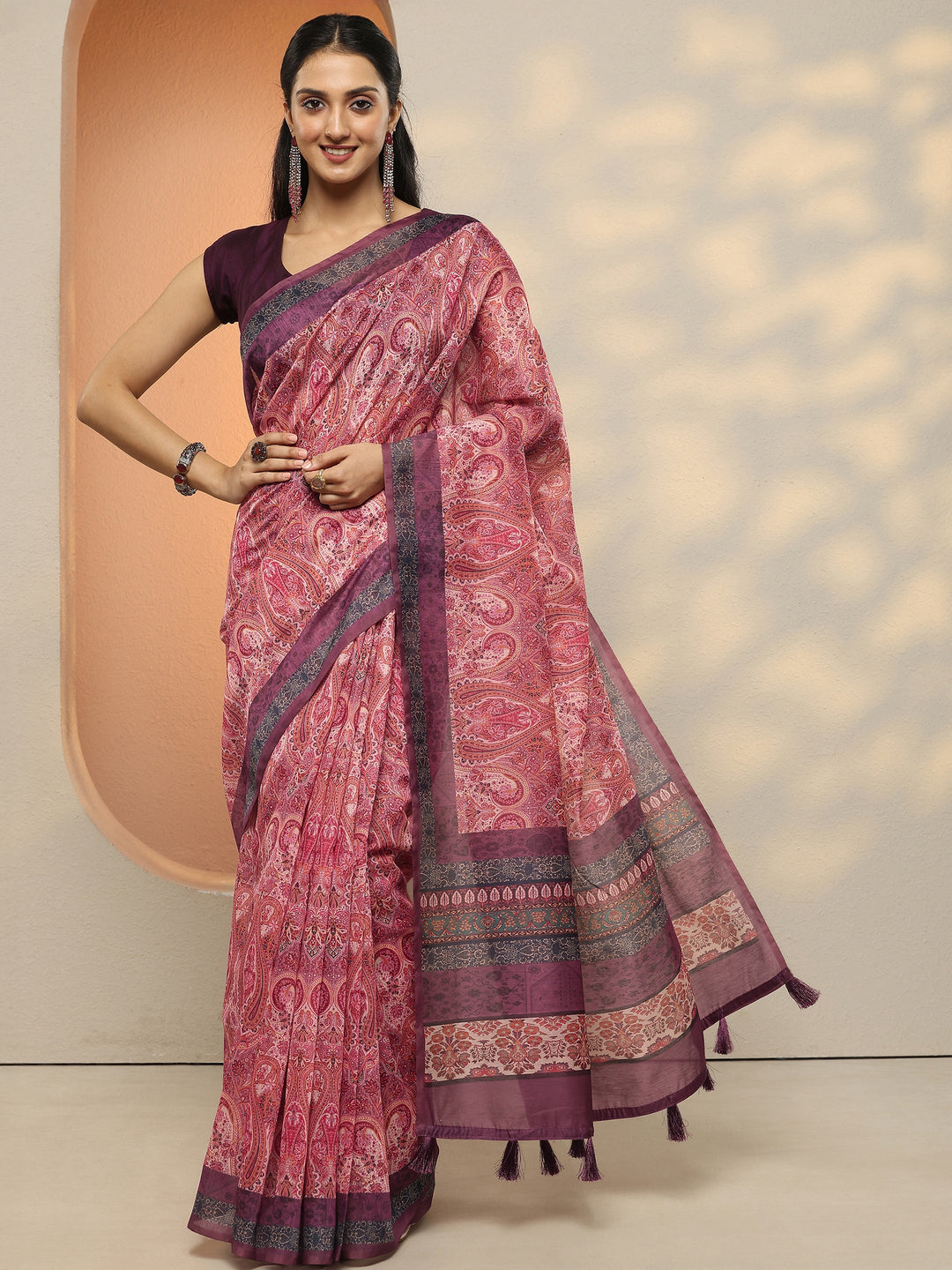 Multi Paisley Printed Silk Blend Saree With Unstitched Blouse Piece
