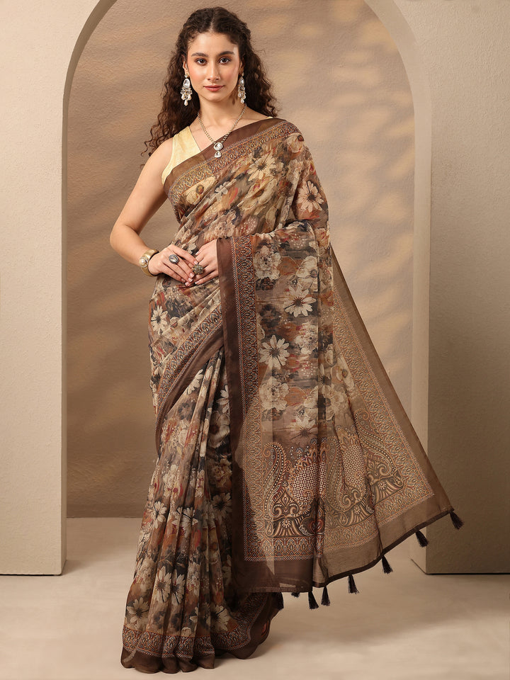 Brown Printed Silk Blend Saree With Unstitched Blouse Piece