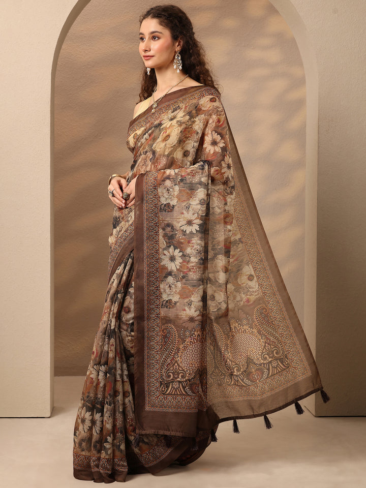 Brown Printed Silk Blend Saree With Unstitched Blouse Piece