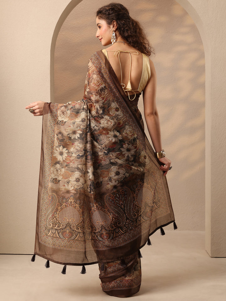 Brown Printed Silk Blend Saree With Unstitched Blouse Piece