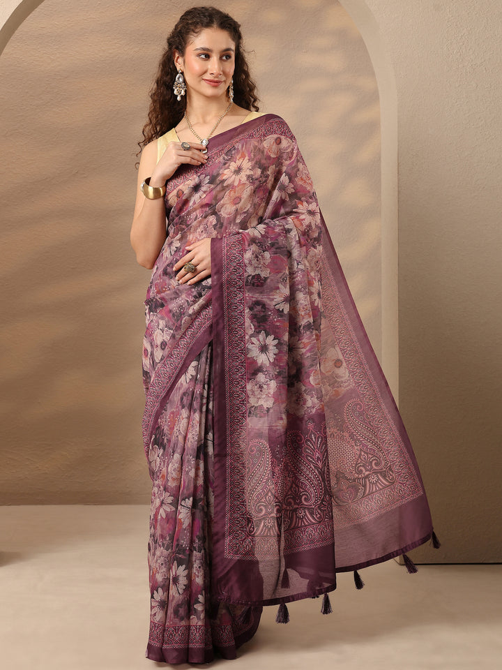 Purple Printed Silk Blend Saree With Unstitched Blouse Piece