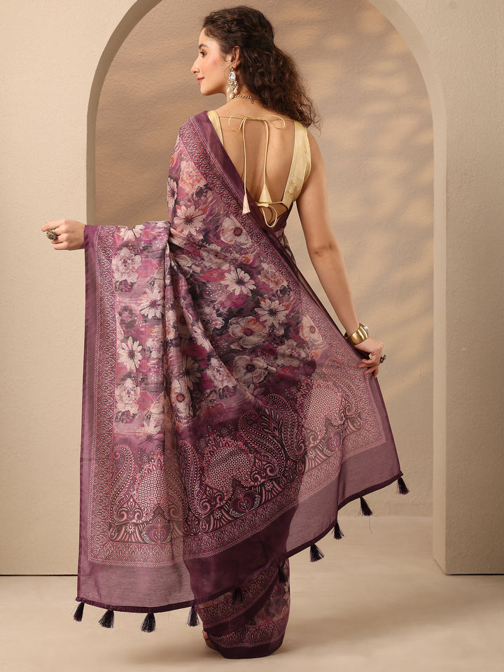 Purple Printed Silk Blend Saree With Unstitched Blouse Piece